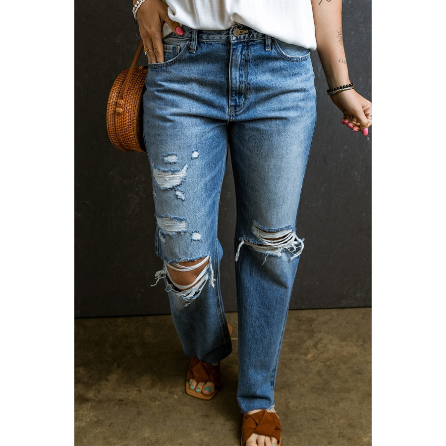 Distressed Raw Hem Jeans with Pockets Medium / 6 Apparel and Accessories