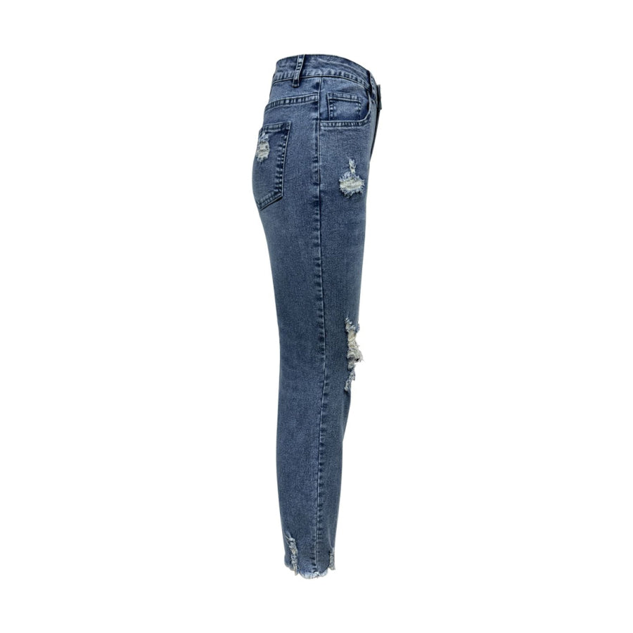 Distressed Raw Hem Jeans with Pockets Apparel and Accessories