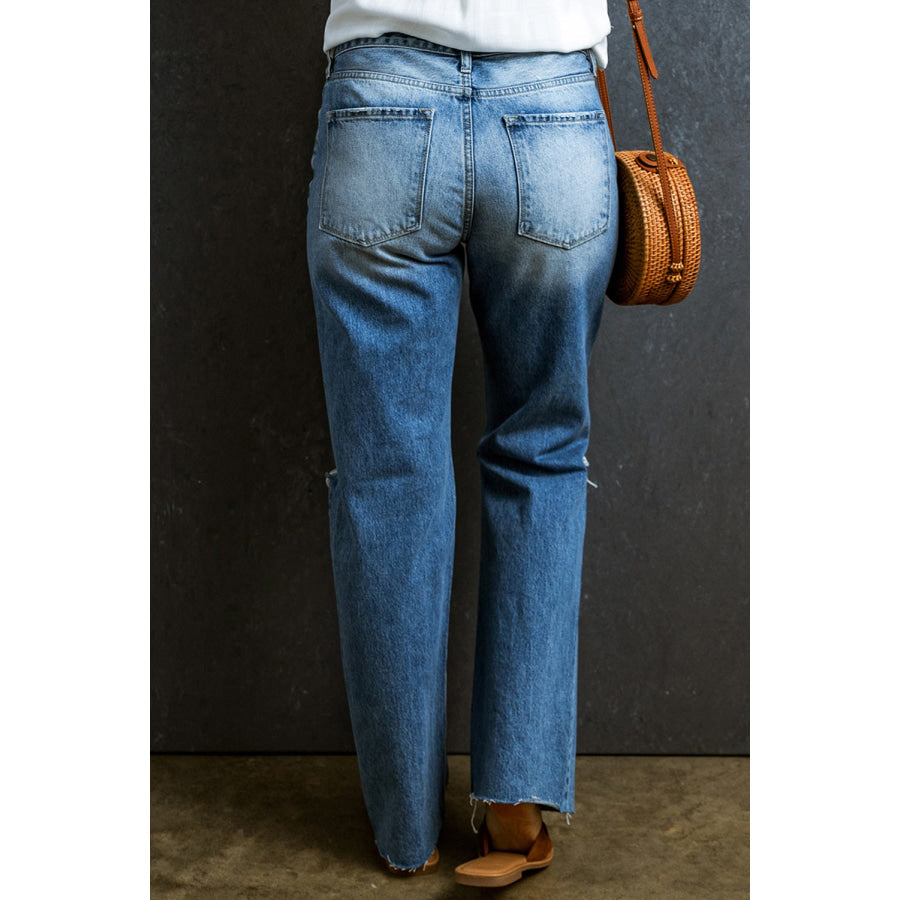 Distressed Raw Hem Jeans with Pockets Apparel and Accessories