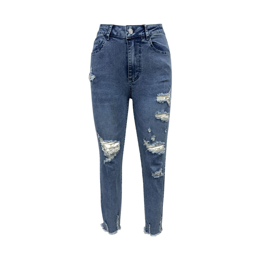 Distressed Raw Hem Jeans with Pockets Apparel and Accessories