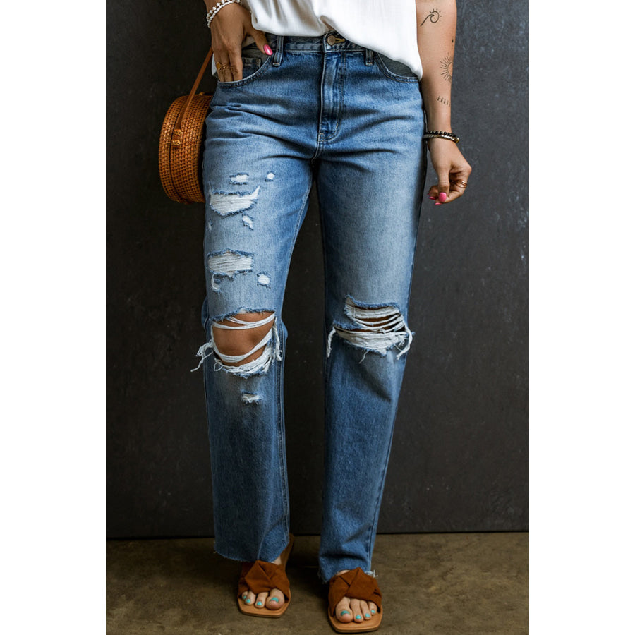 Distressed Raw Hem Jeans with Pockets Medium / 6 Apparel and Accessories