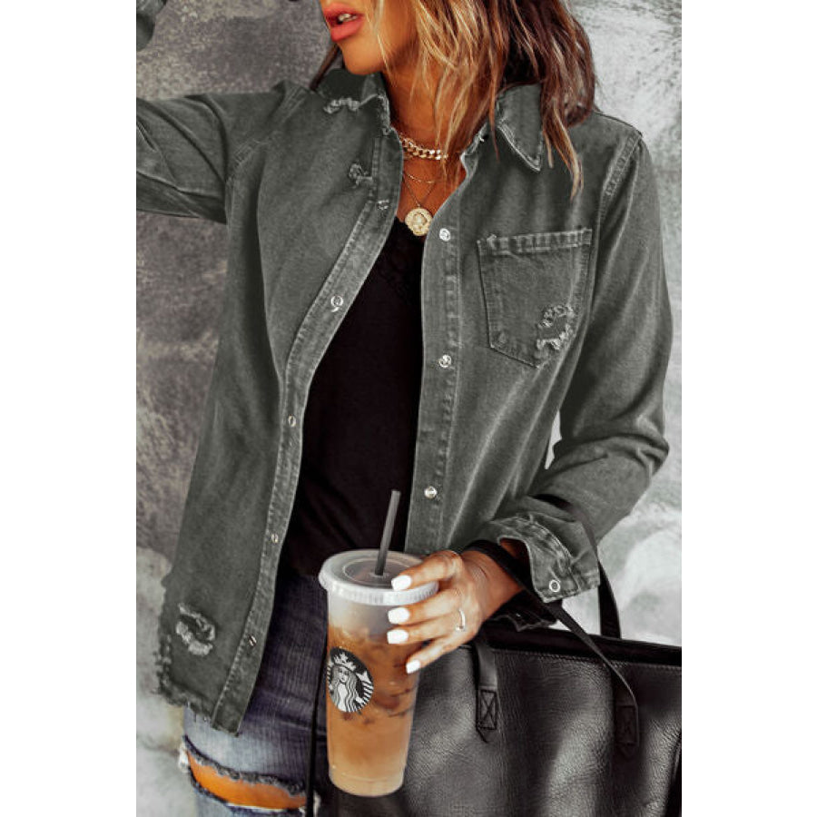 Distressed Raw Hem Snap Down Denim Jacket Apparel and Accessories