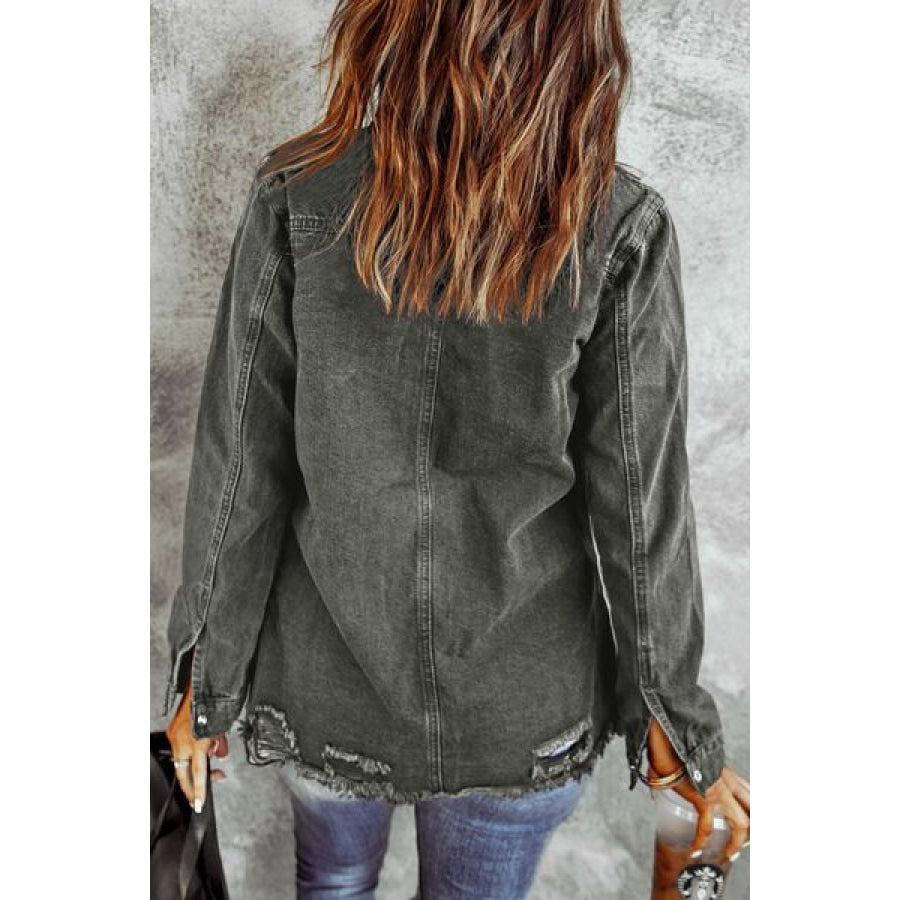 Distressed Raw Hem Snap Down Denim Jacket Apparel and Accessories