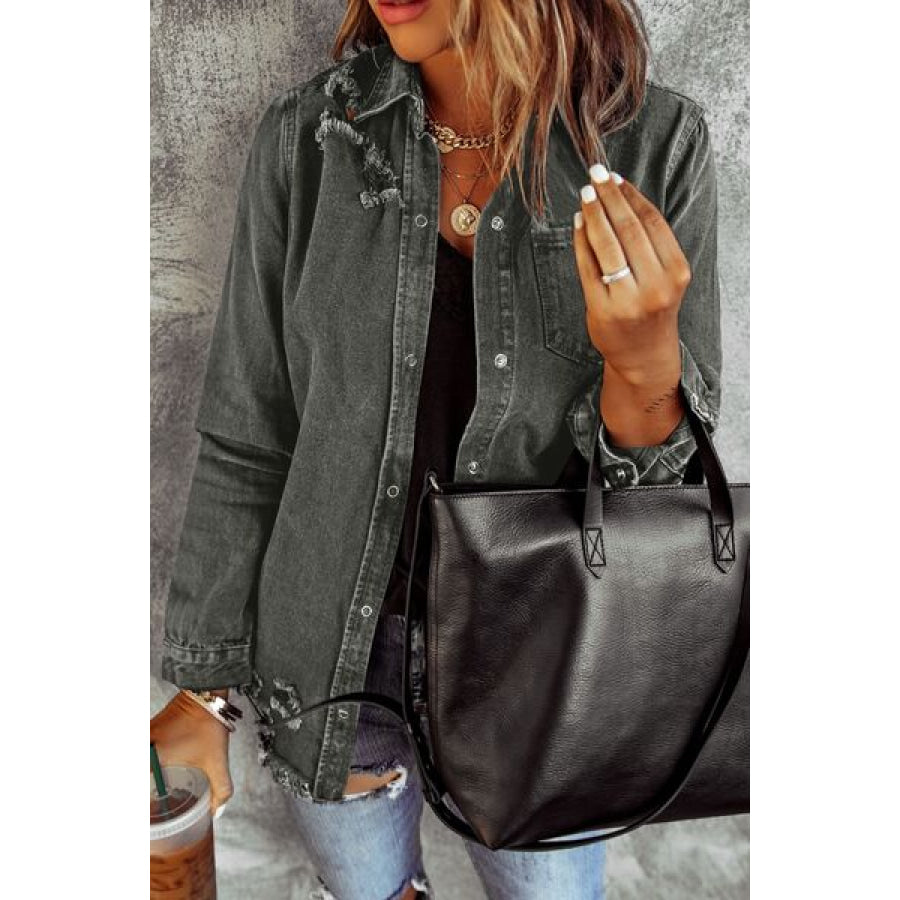 Distressed Raw Hem Snap Down Denim Jacket Charcoal / S Apparel and Accessories