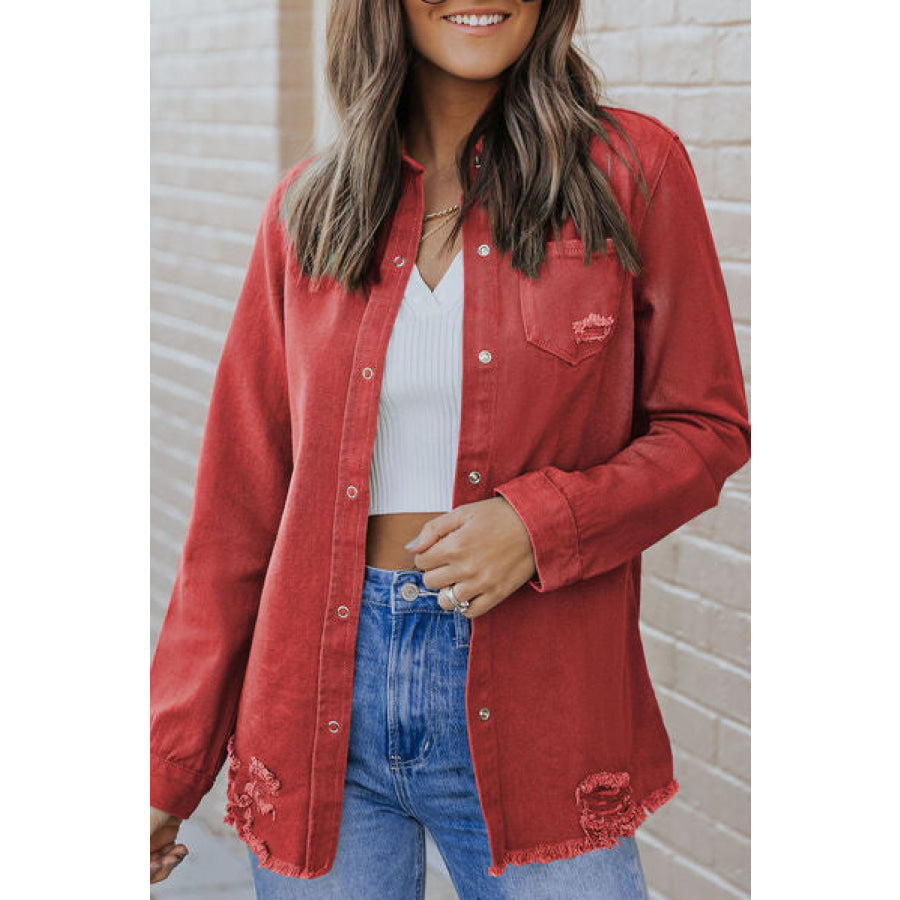 Distressed Raw Hem Snap Down Denim Jacket Brick Red / S Apparel and Accessories