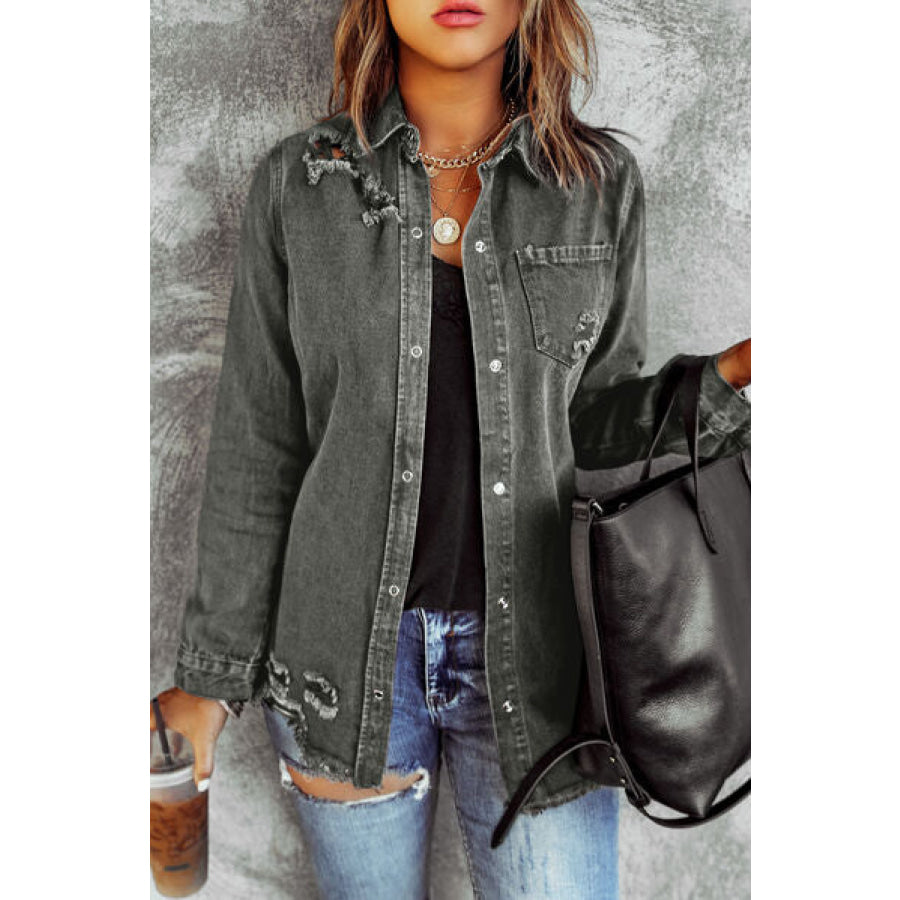 Distressed Raw Hem Snap Down Denim Jacket Charcoal / S Apparel and Accessories