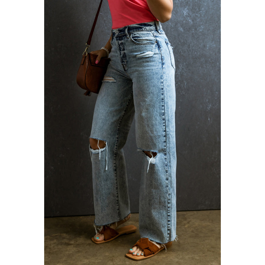 Distressed Raw Hem Straight Jeans Apparel and Accessories