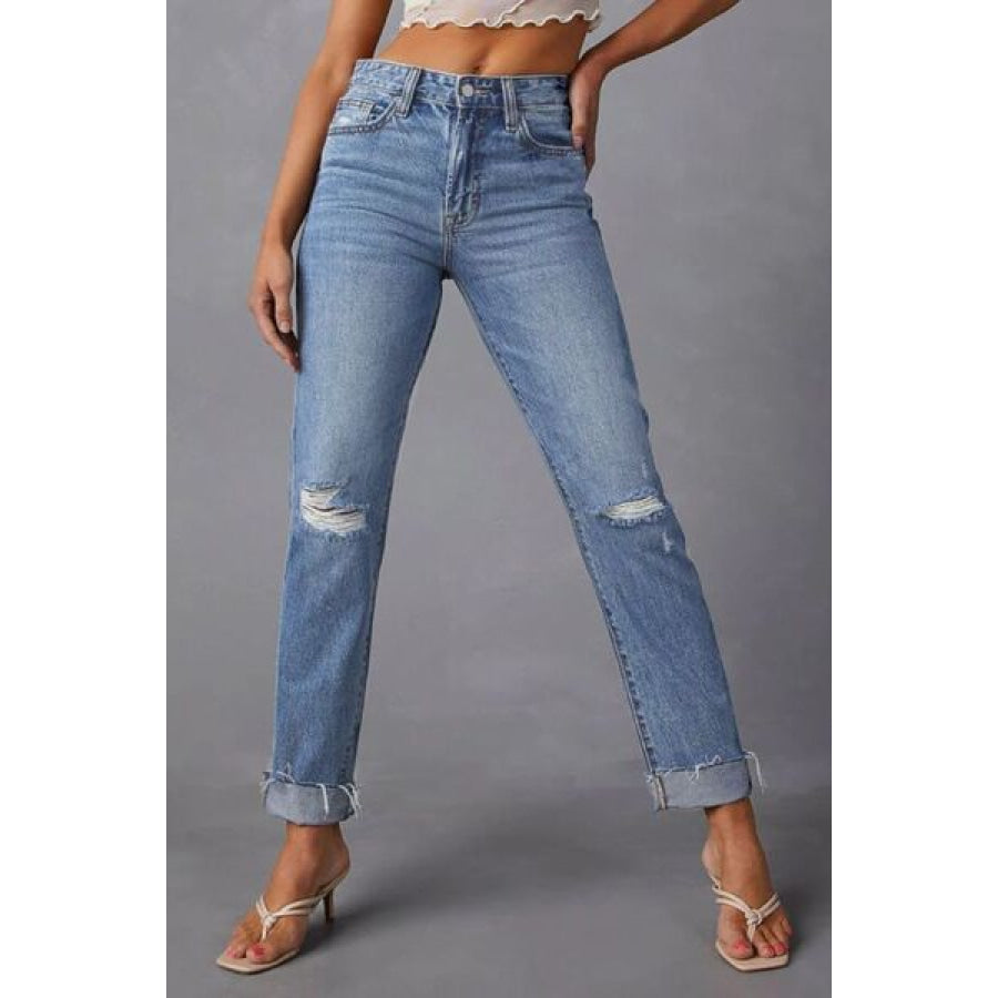 Distressed Raw Hem Straight Jeans with Pockets Medium / S Apparel and Accessories