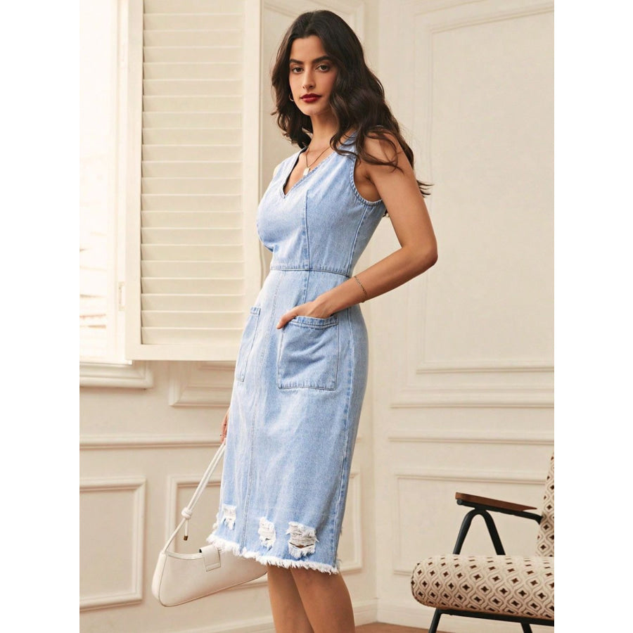 Distressed Raw Hem V-Neck Sleeveless Denim Dress Apparel and Accessories