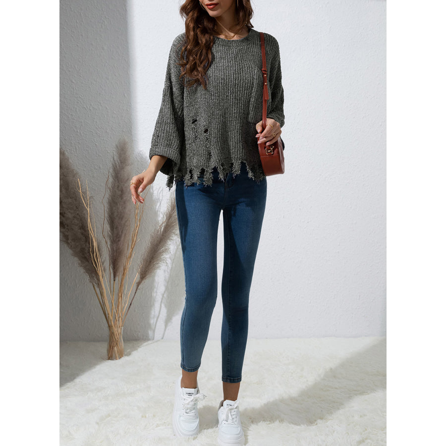 Distressed Round Neck Drop Shoulder Sweater Apparel and Accessories