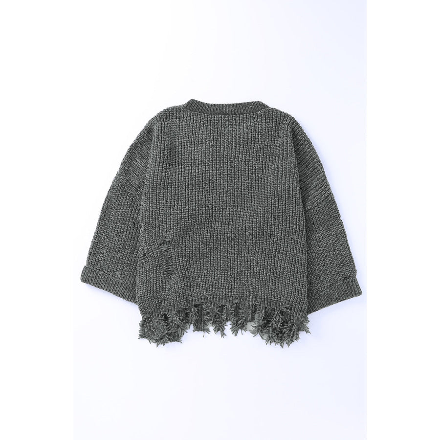 Distressed Round Neck Drop Shoulder Sweater Apparel and Accessories