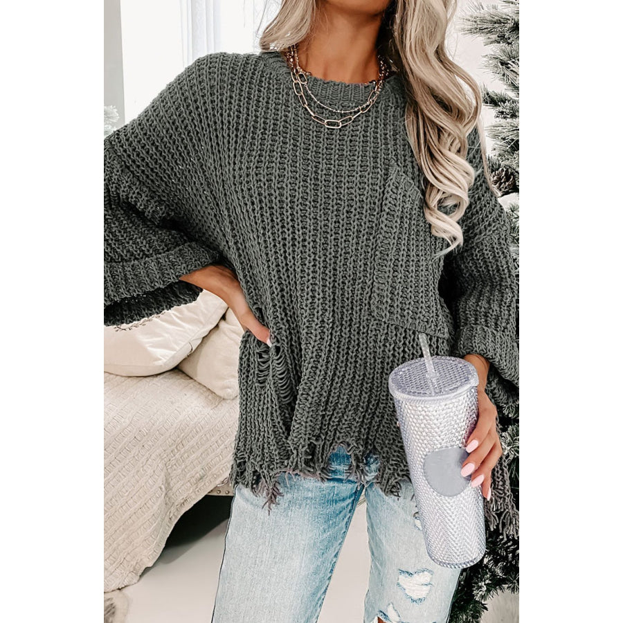 Distressed Round Neck Drop Shoulder Sweater Apparel and Accessories