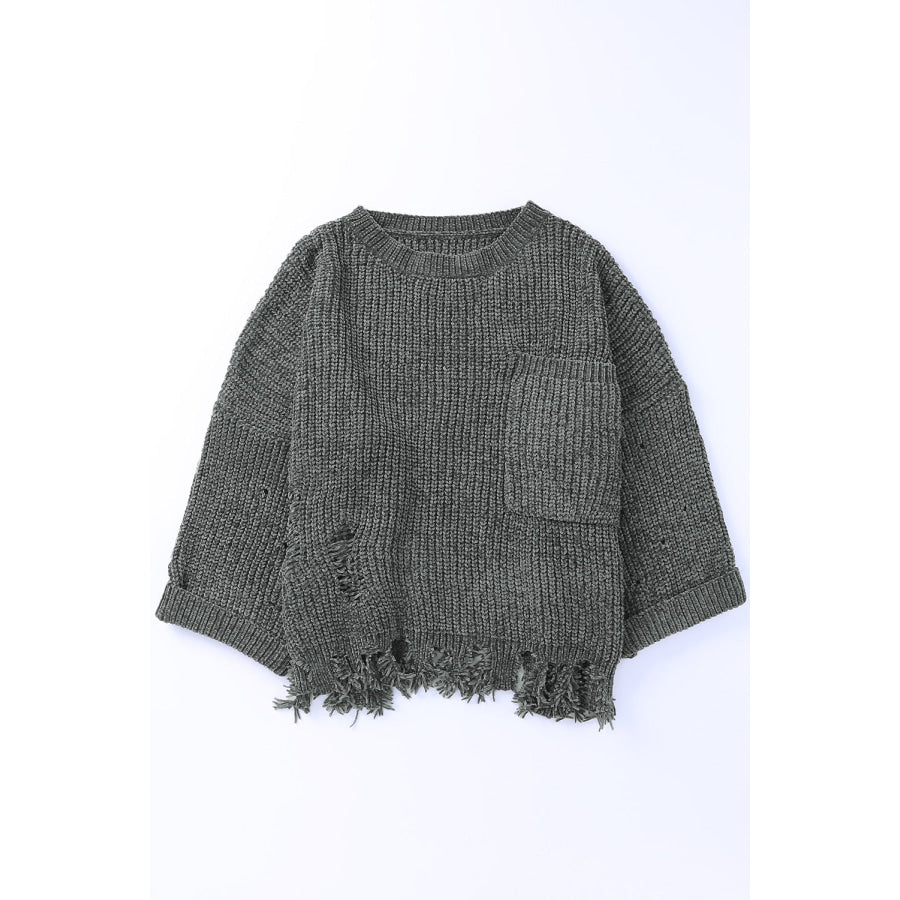 Distressed Round Neck Drop Shoulder Sweater Apparel and Accessories