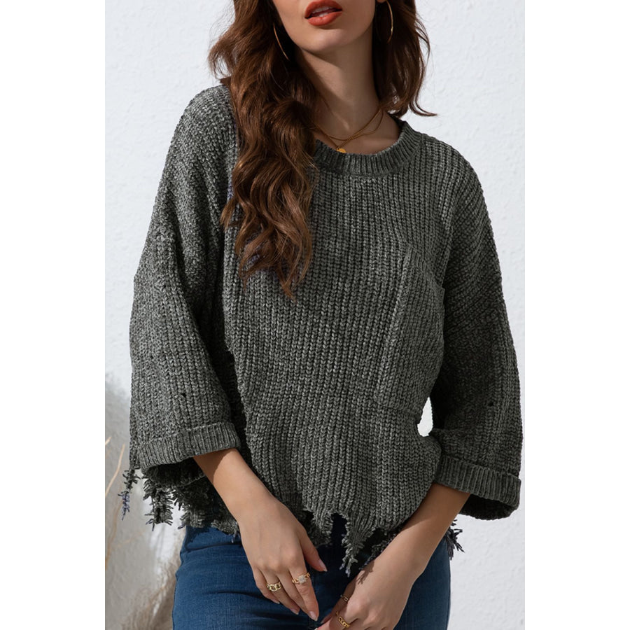 Distressed Round Neck Drop Shoulder Sweater Apparel and Accessories