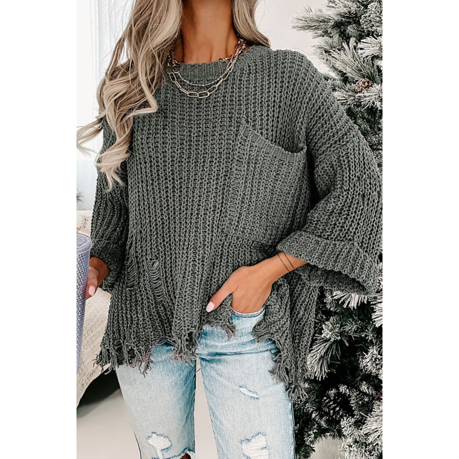Distressed Round Neck Drop Shoulder Sweater Dark Gray / M Apparel and Accessories