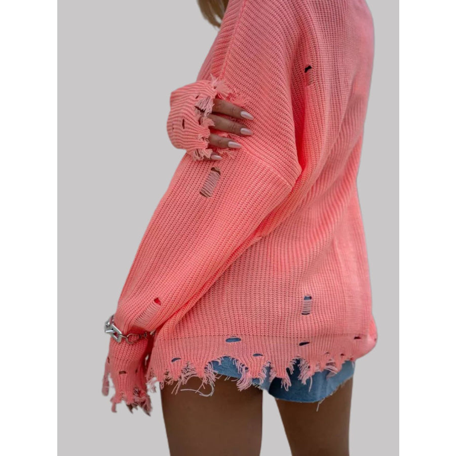 Distressed Round Neck Long Sleeve Sweater Burnt Coral / One Size Apparel and Accessories