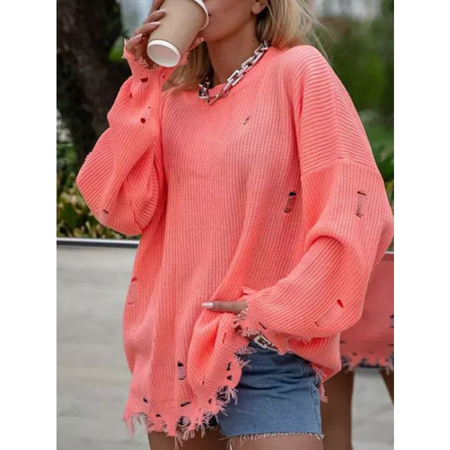 Distressed Round Neck Long Sleeve Sweater Apparel and Accessories