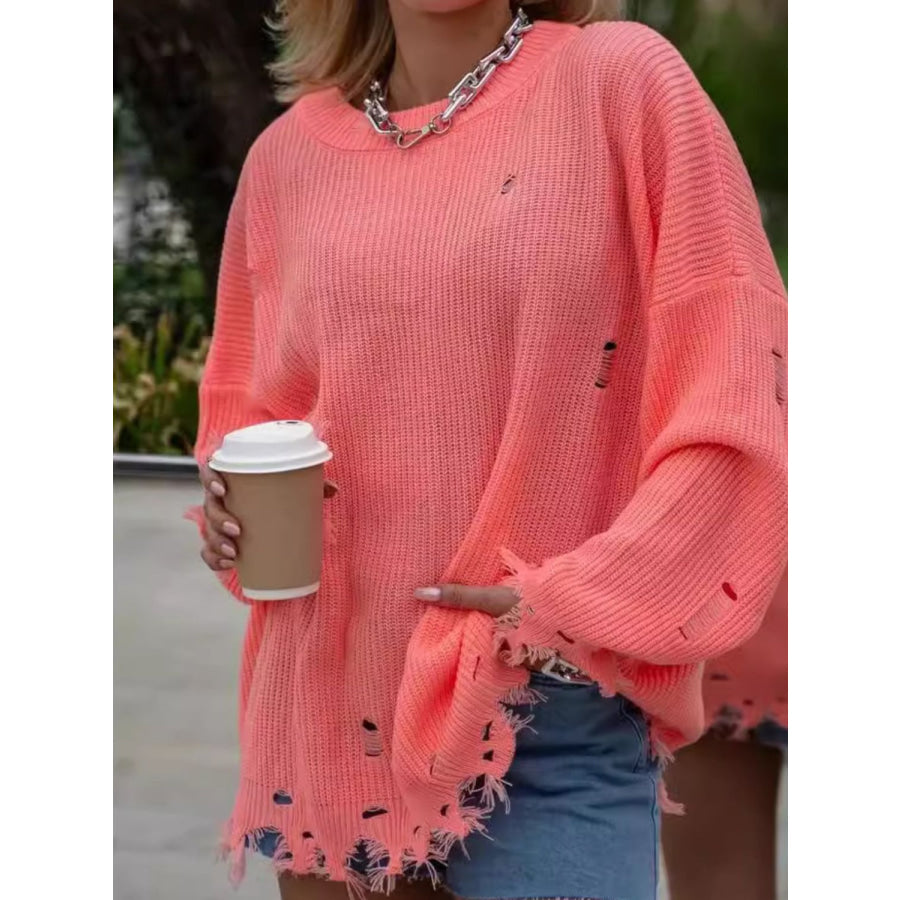 Distressed Round Neck Long Sleeve Sweater Burnt Coral / One Size Apparel and Accessories