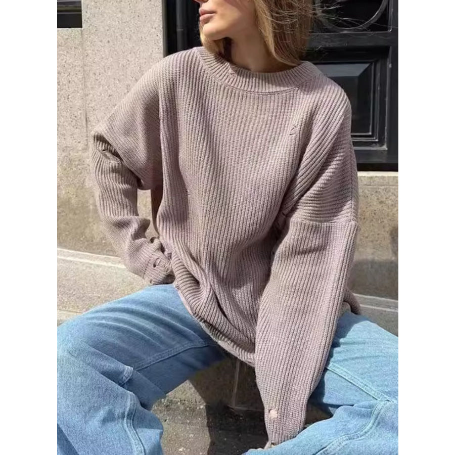 Distressed Round Neck Long Sleeve Sweater Mocha / One Size Apparel and Accessories