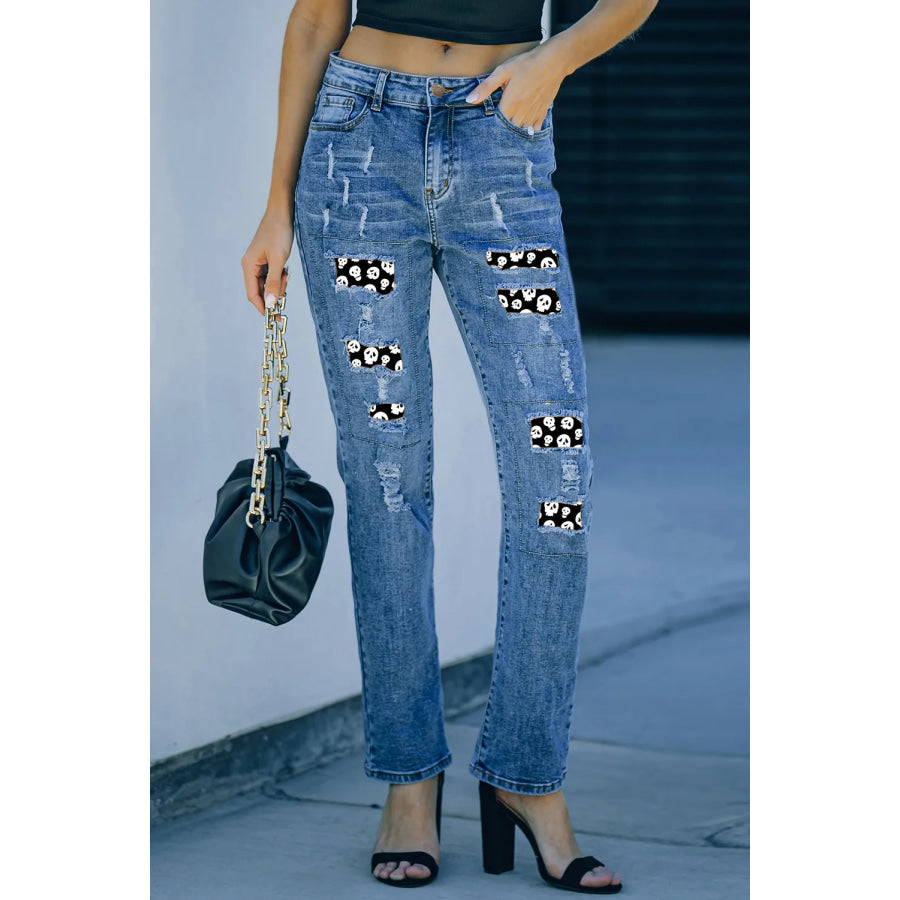 Distressed Skeleton Pattern Jeans with Pockets Apparel and Accessories