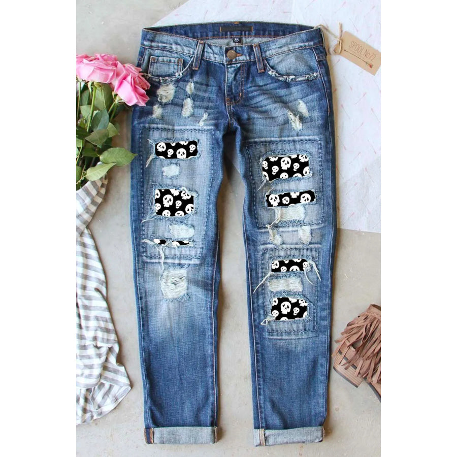 Distressed Skeleton Pattern Jeans with Pockets Medium / 4 Apparel and Accessories