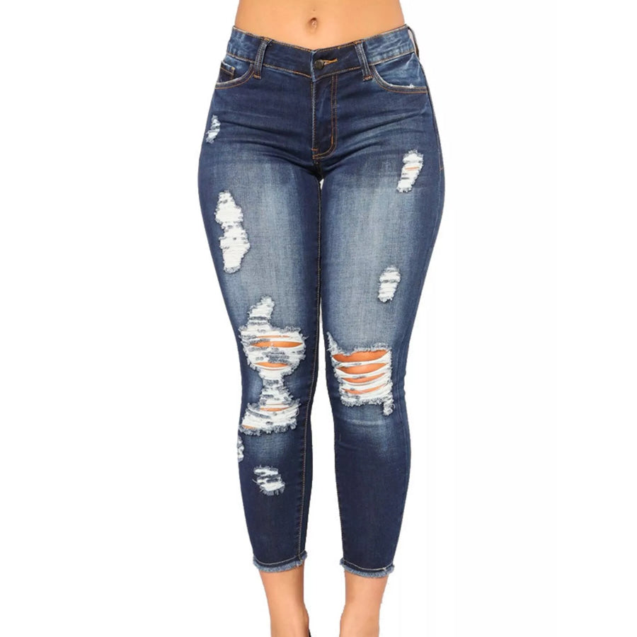 Distressed Skinny Jeans Dark Blue / S Apparel and Accessories