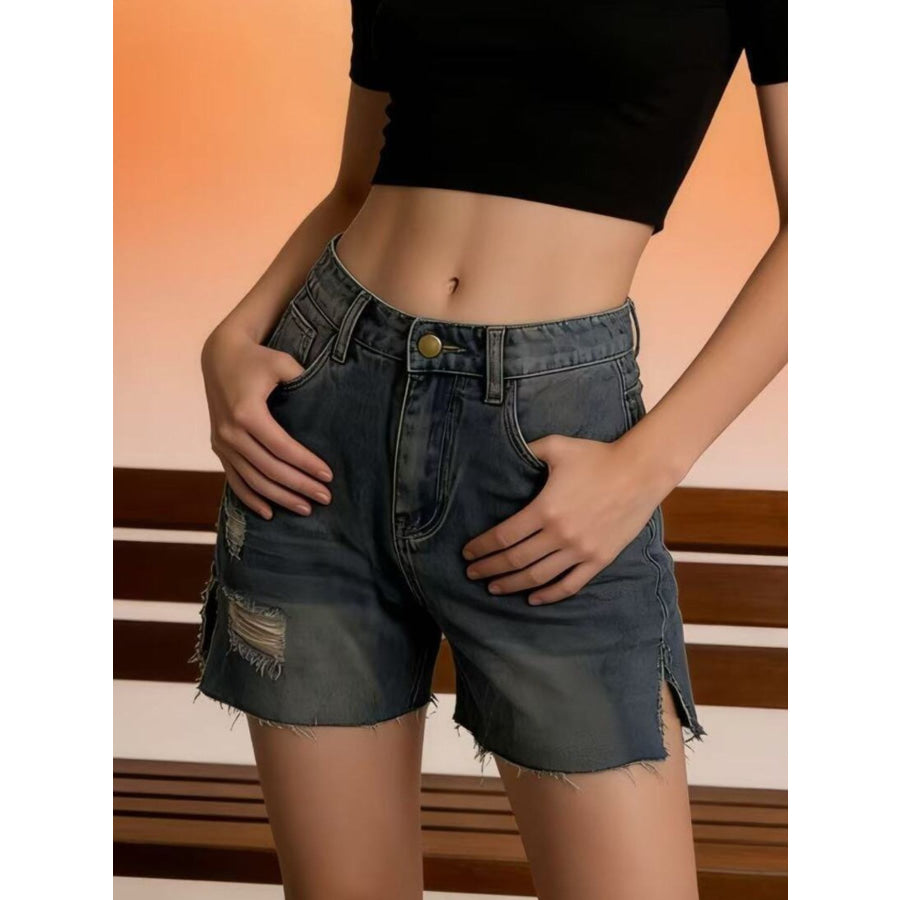 Distressed Slit Denim Shorts Apparel and Accessories