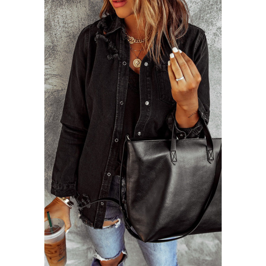 Distressed Snap Down Denim Jacket Apparel and Accessories