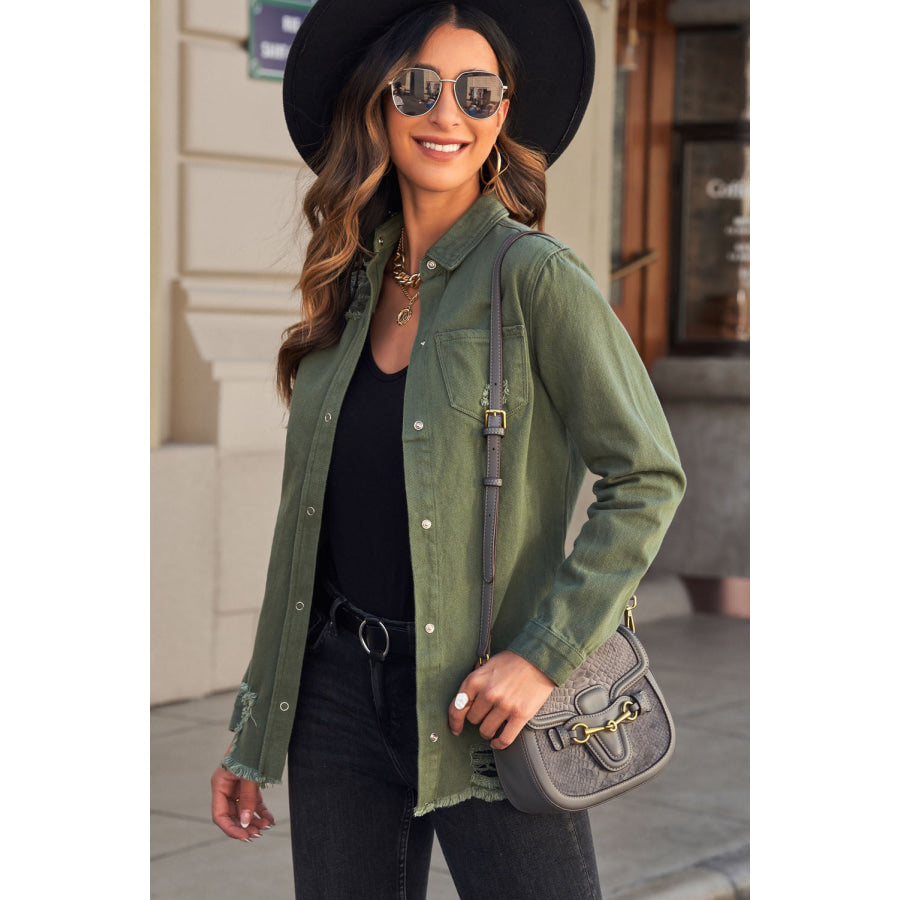 Distressed Snap Down Denim Jacket Apparel and Accessories