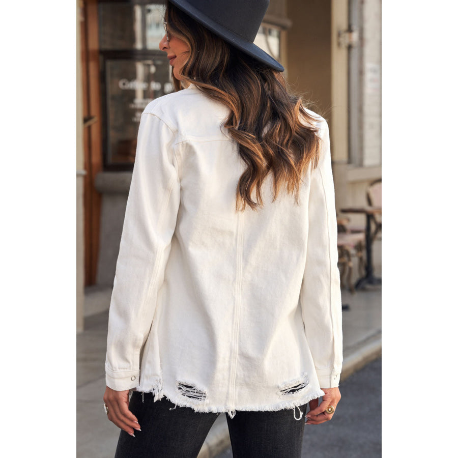 Distressed Snap Down Denim Jacket White / S Apparel and Accessories