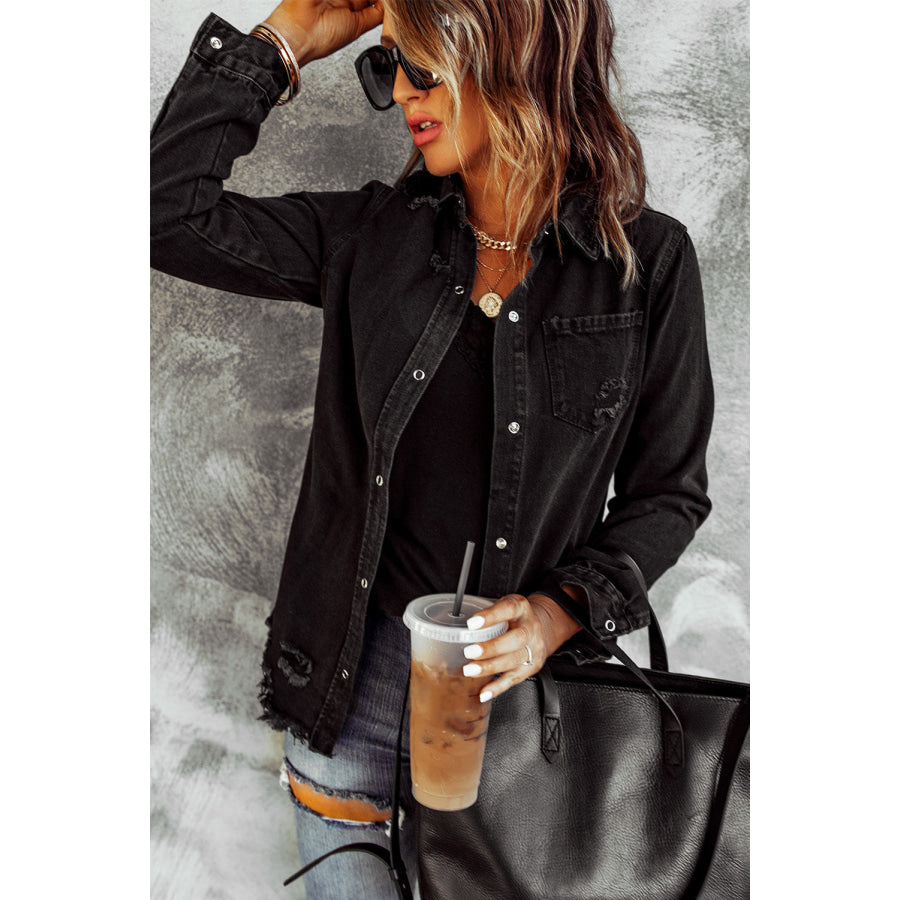 Distressed Snap Down Denim Jacket Apparel and Accessories