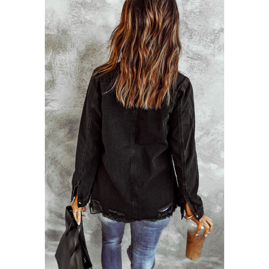 Distressed Snap Down Denim Jacket Apparel and Accessories