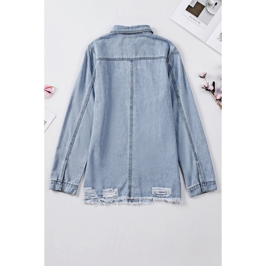 Distressed Snap Down Denim Jacket Apparel and Accessories