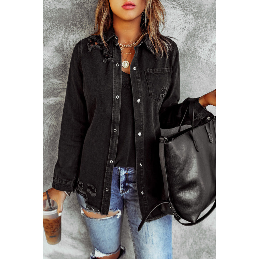 Distressed Snap Down Denim Jacket Black / S Apparel and Accessories