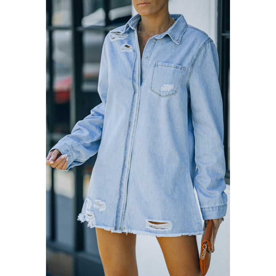 Distressed Snap Down Denim Jacket Sky Blue / S Apparel and Accessories