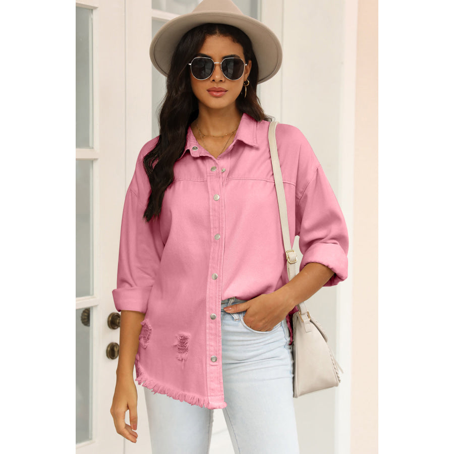 Distressed Snap Down Raw Hem Denim Jacket Blush Pink / S Apparel and Accessories