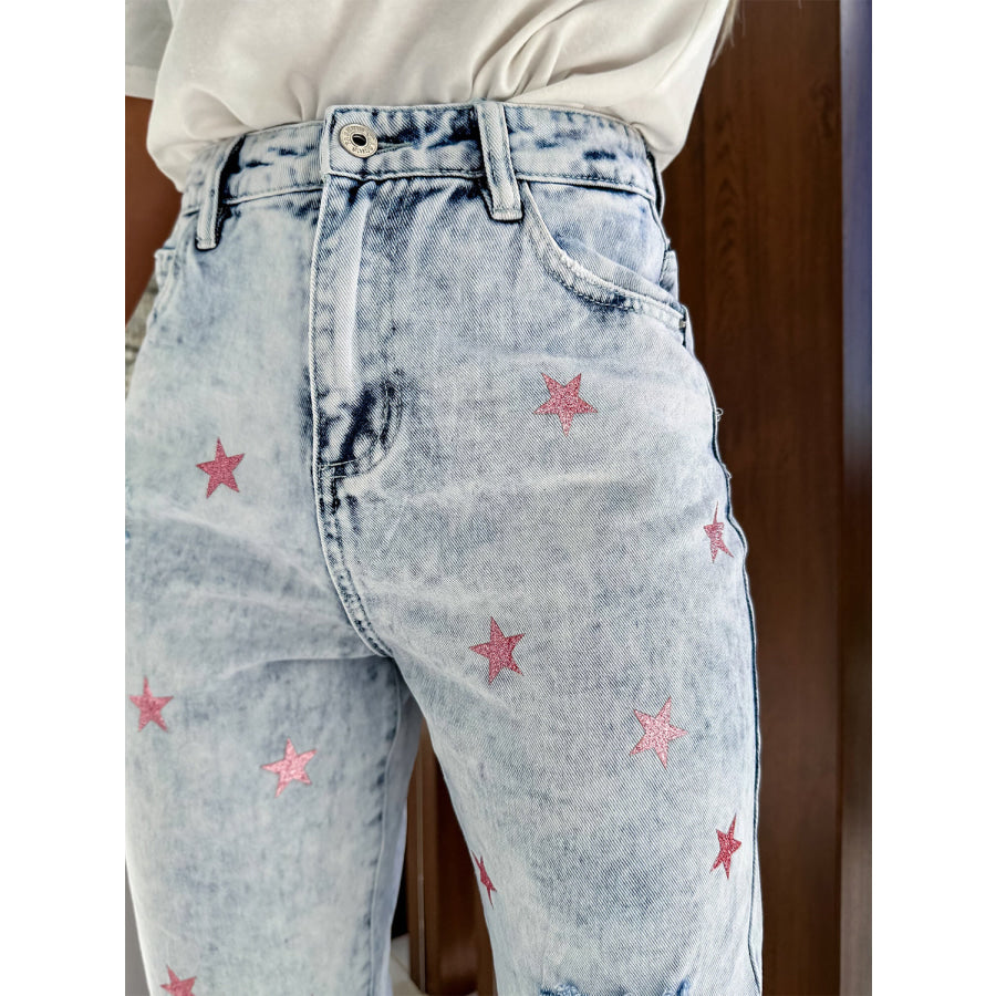 Distressed Star Straight Jeans with Pockets Apparel and Accessories