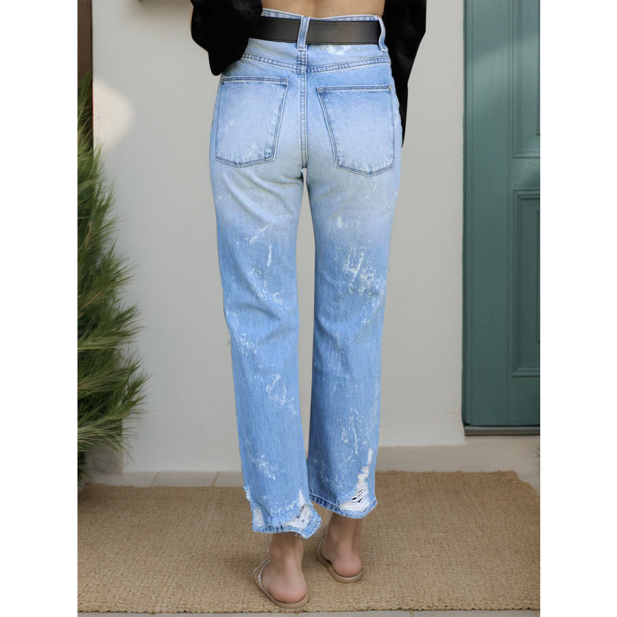 Distressed Straight Jeans with Pockets Apparel and Accessories