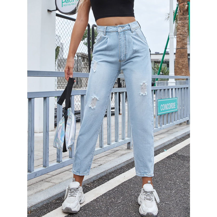 Distressed Straight Jeans with Pockets Apparel and Accessories