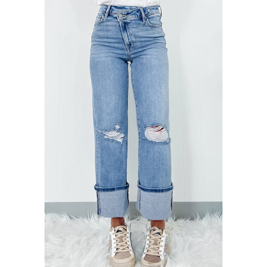 Distressed Straight Jeans with Pockets Apparel and Accessories