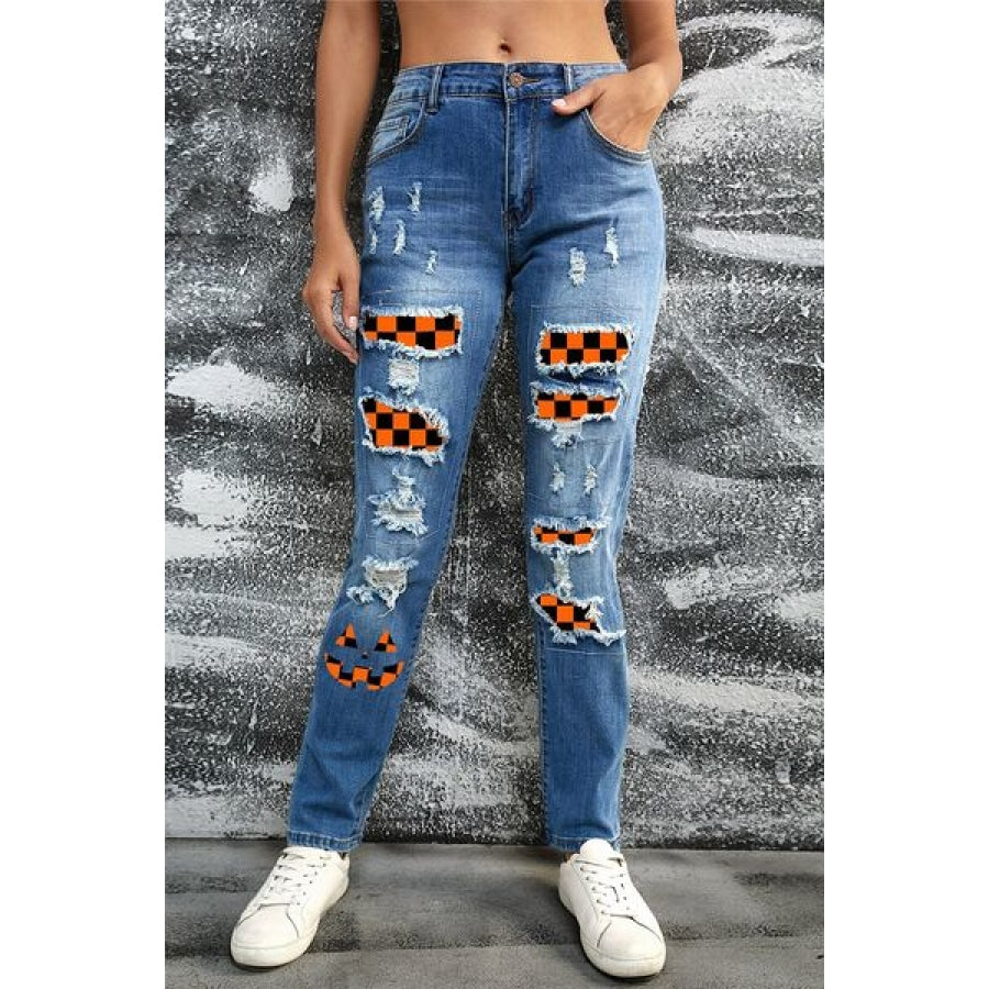 Distressed Straight Jeans with Pockets Pumpkin / 4 Clothing