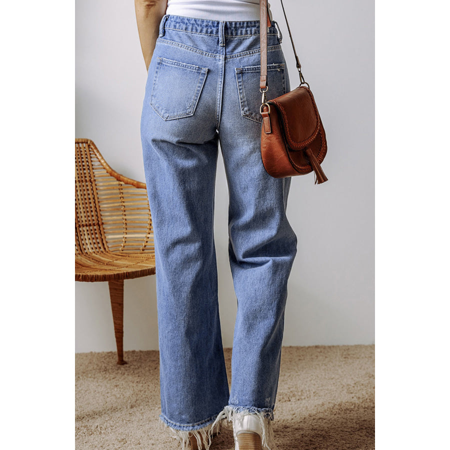 Distressed Straight Leg Jeans with Pockets Apparel and Accessories