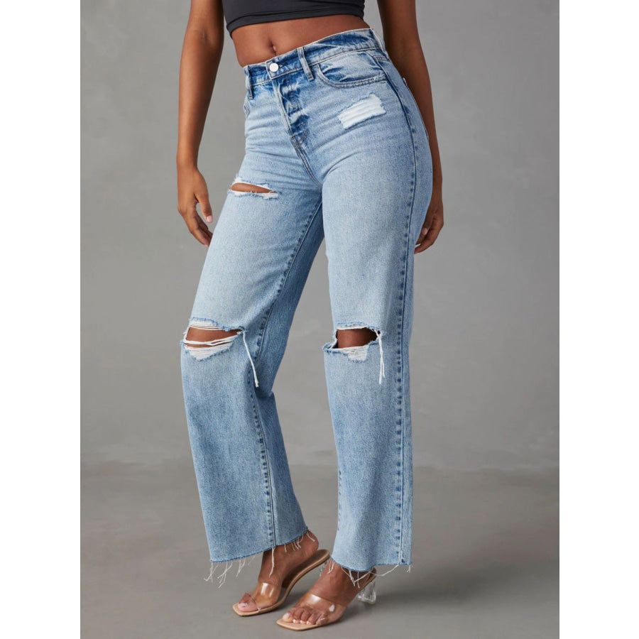 Distressed Straight Leg Jeans with Pockets Apparel and Accessories