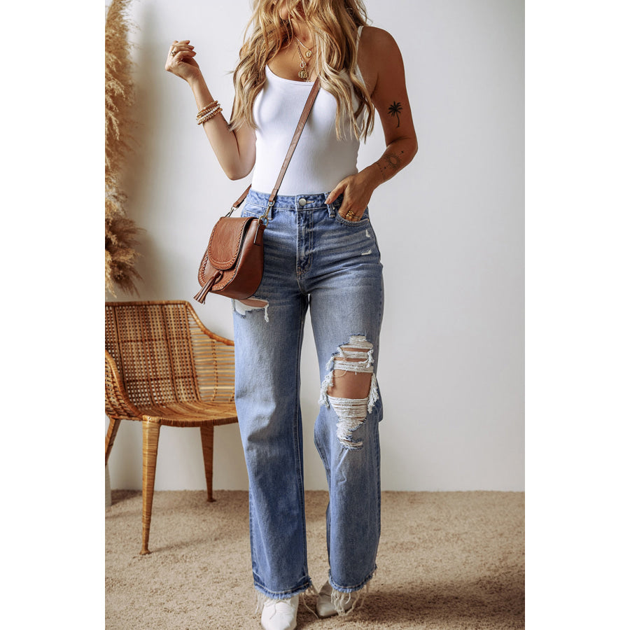 Distressed Straight Leg Jeans with Pockets Apparel and Accessories