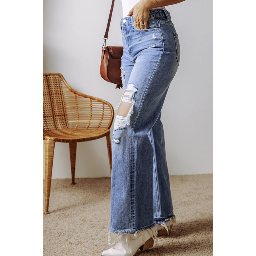 Distressed Straight Leg Jeans with Pockets Apparel and Accessories