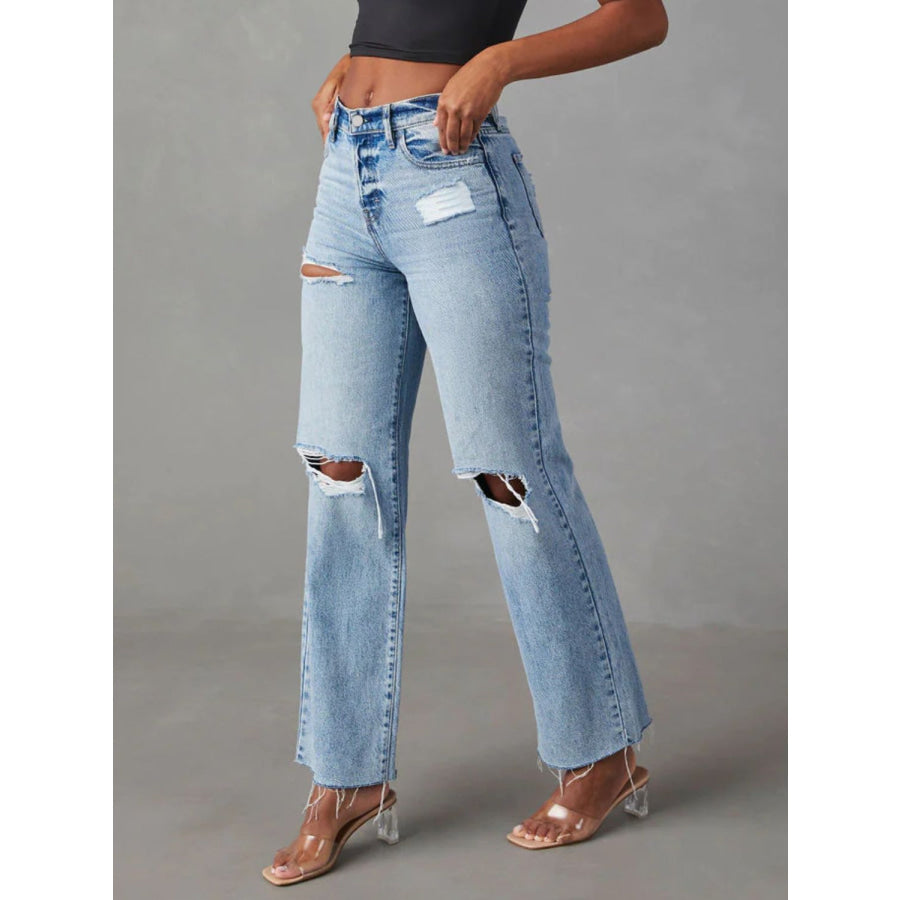 Distressed Straight Leg Jeans with Pockets Apparel and Accessories