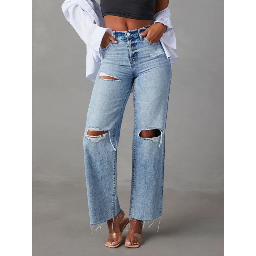 Distressed Straight Leg Jeans with Pockets Light / S Apparel and Accessories