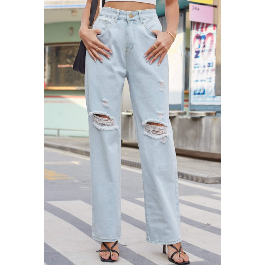 Distressed Straight Leg Jeans with Pockets Light / S
