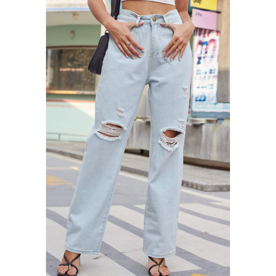 Distressed Straight Leg Jeans with Pockets