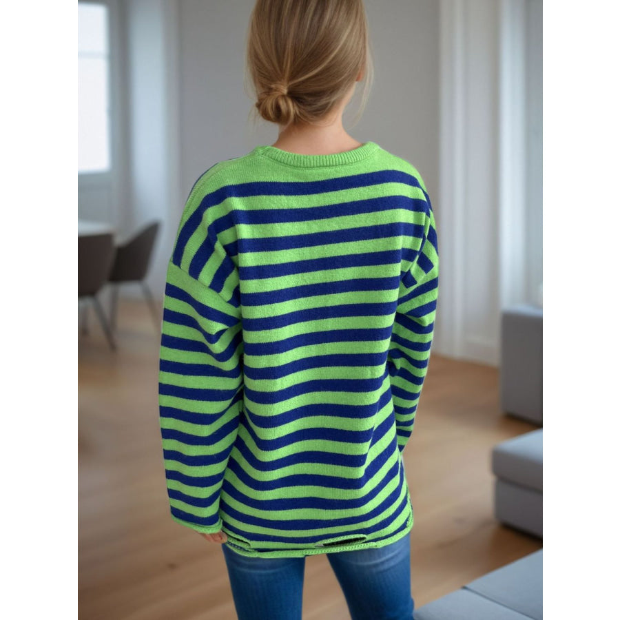 Distressed Striped Round Neck Long Sleeve Sweater Apparel and Accessories